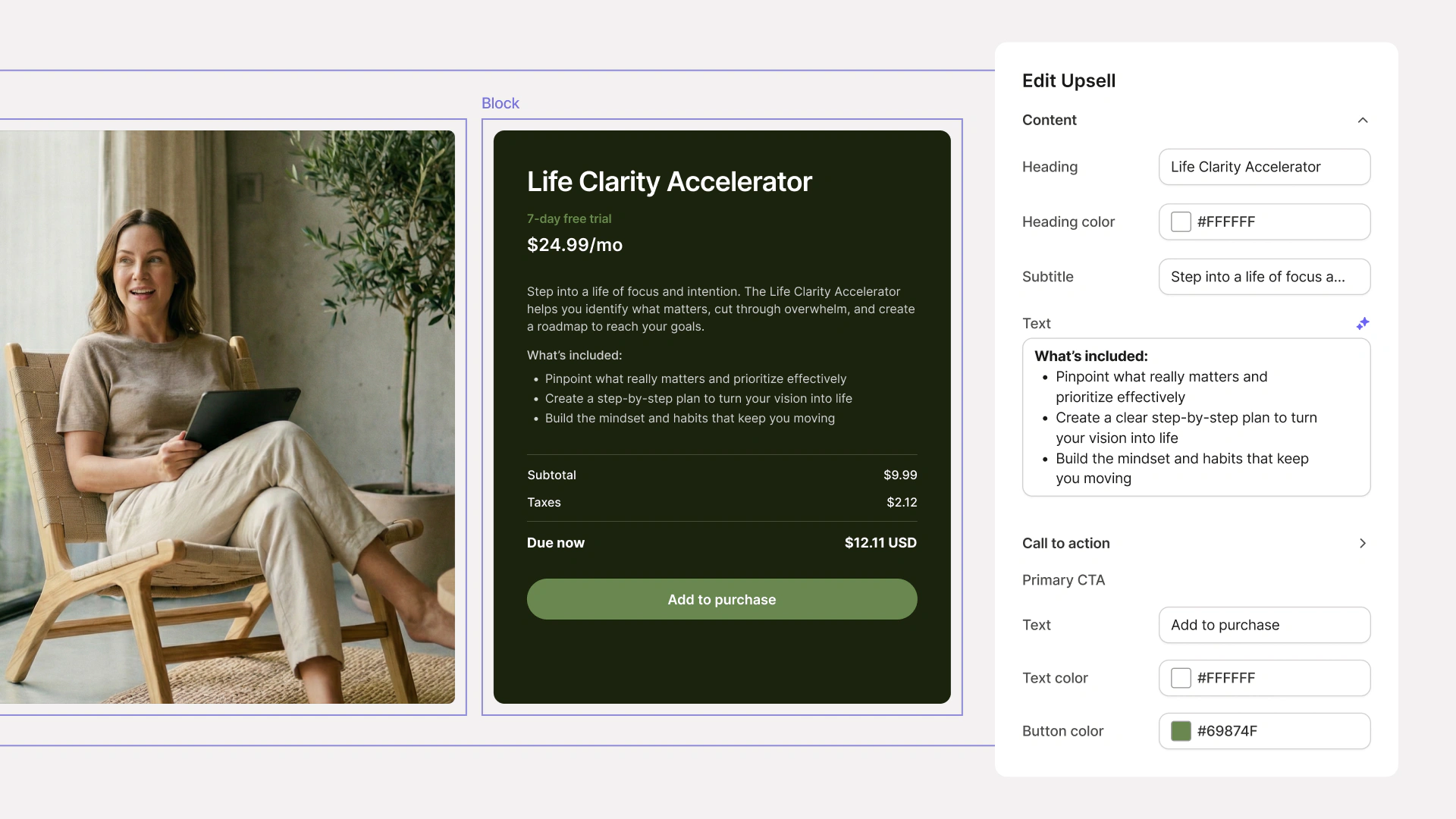 A customized upsell page in the editor