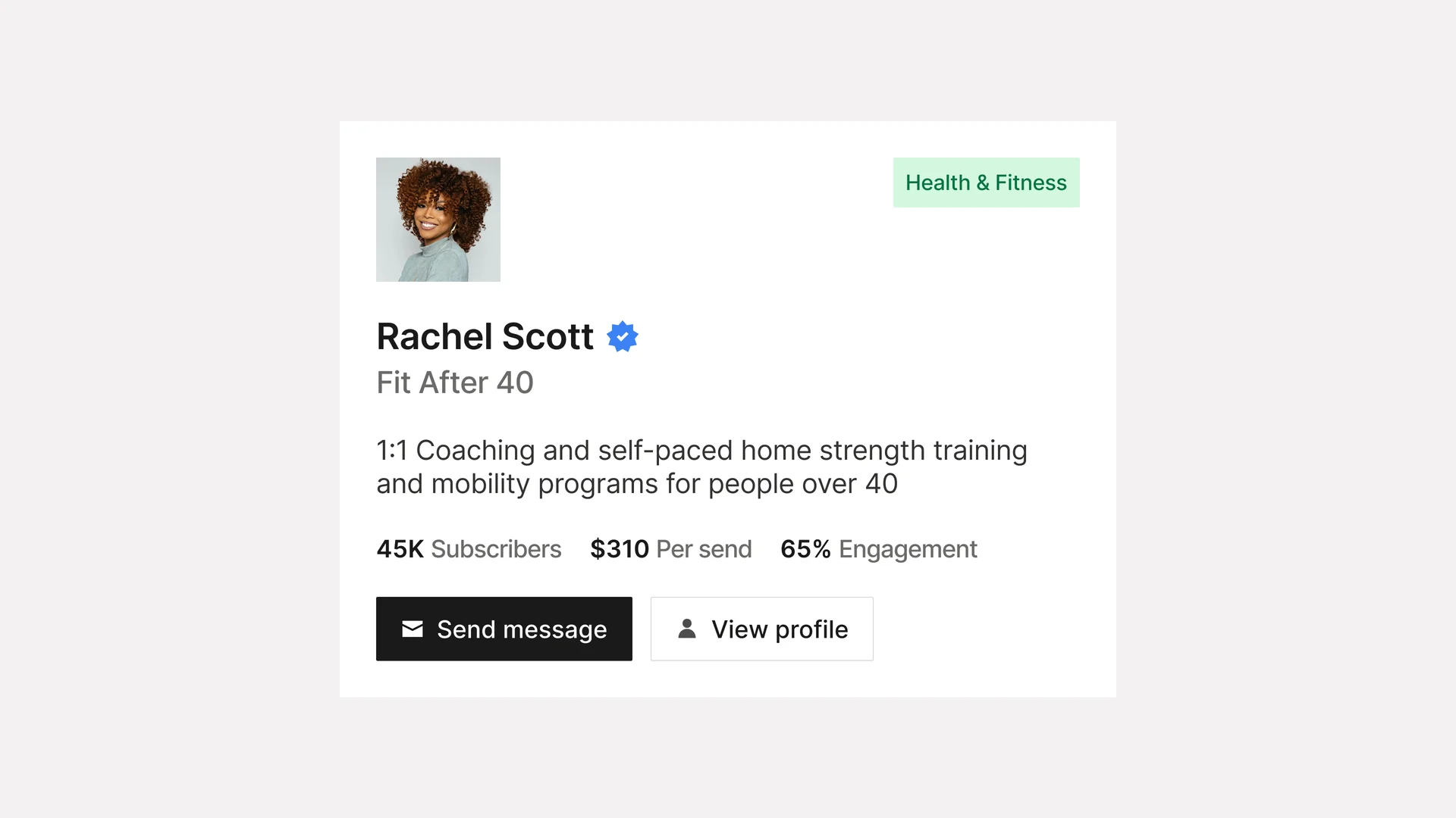 An Amplify profile card for Rachel Scott showing subscriber count