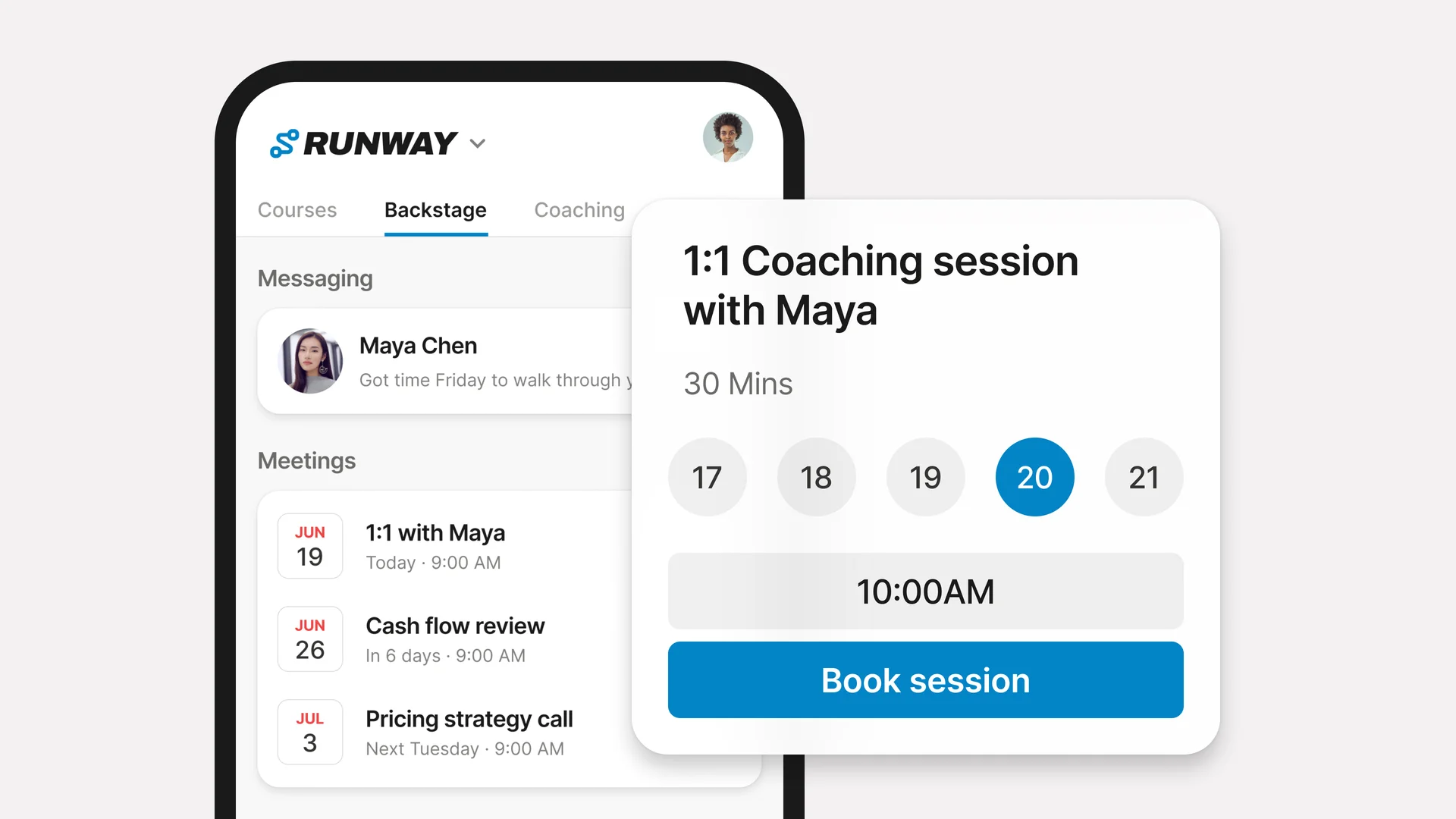 Booking a 1:1 coaching session with Maya from the Backstage mobile experience