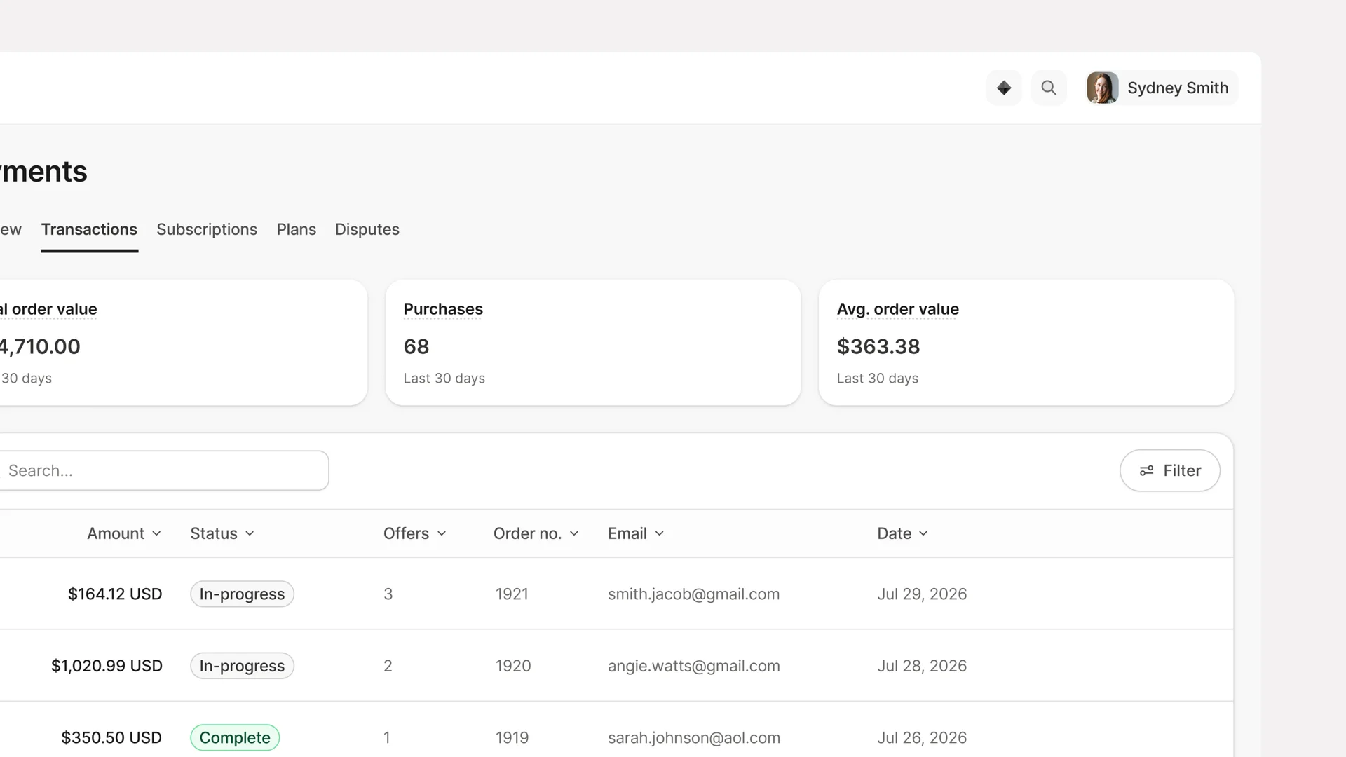 The Orders transactions view with total order value