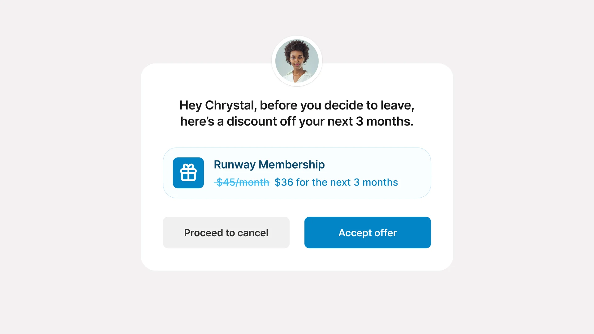 A cancellation win-back offer showing a discounted Runway Membership before the member proceeds to cancel