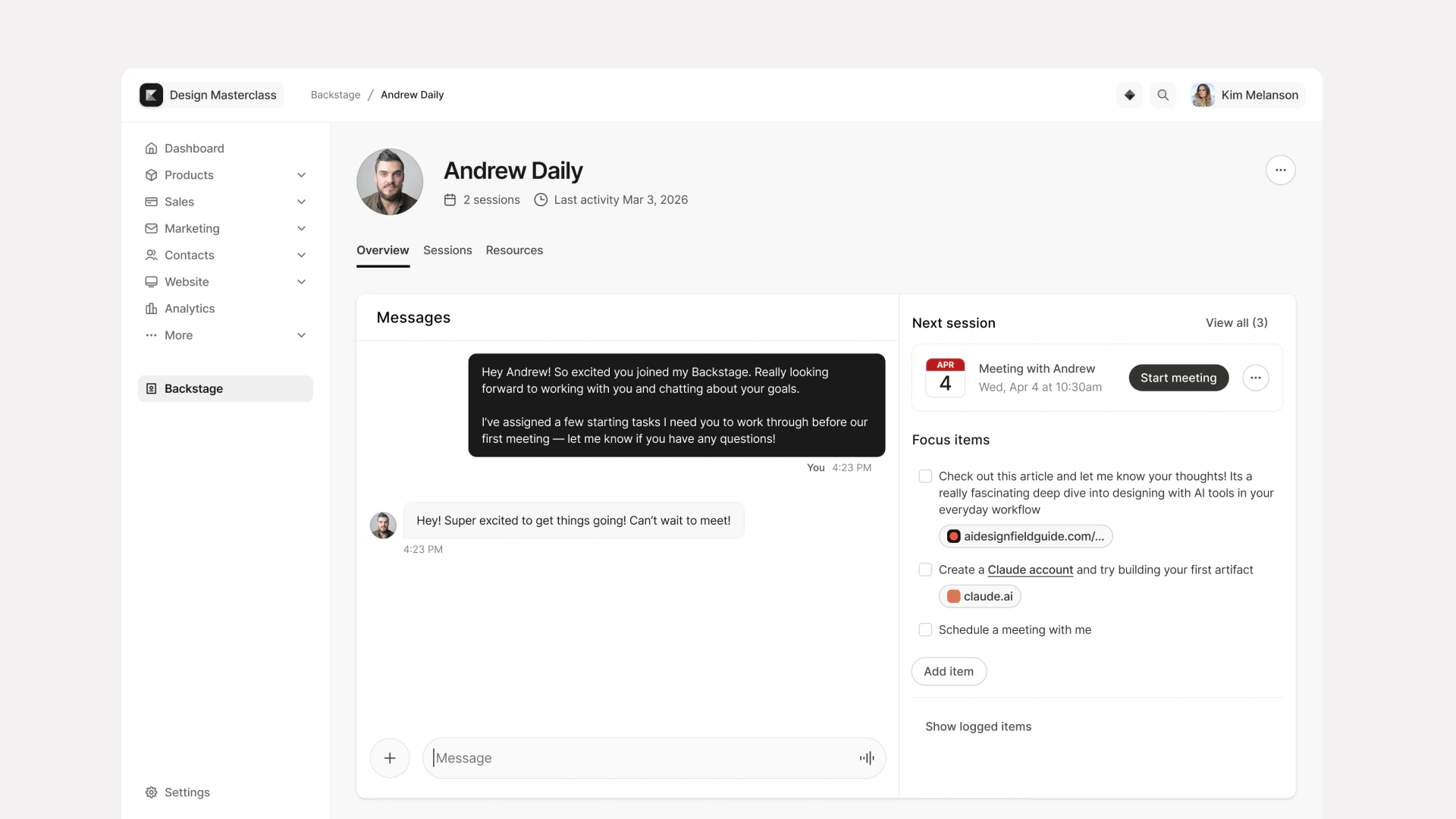 A private Backstage client workspace with a direct message thread