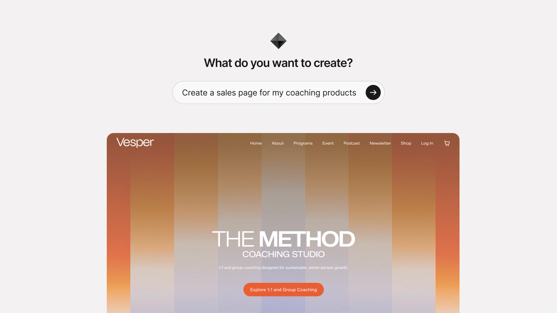 Nova's "What do you want to create?" prompt above a generated coaching studio landing page